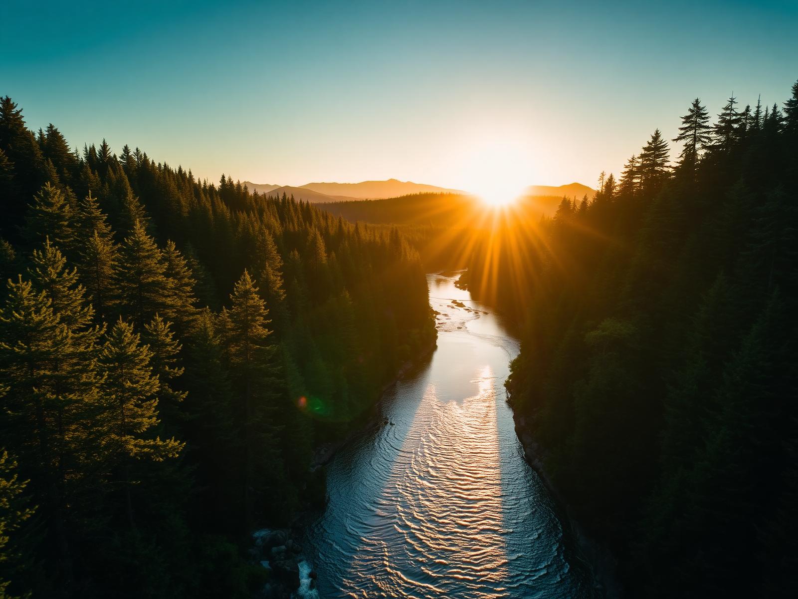 Rogue River winding through Southern Oregon pine forest at golden hour